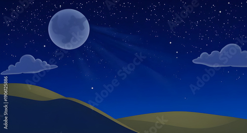 night, landscape, vector, illustration, scenery, nature, sky, dark, crescent, moon, stars, constellation, silhouette, mountains, hills, forest, trees, lake, reflection, horizon, clouds, calm, peaceful