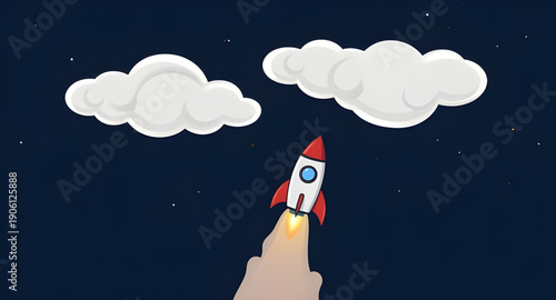 rocket, sky, space, cartoon, background, launch, spaceship, spacecraft, stars, clouds, galaxy, universe, science, technology, future, fantasy, adventure, exploration, illustration, vector, graphic, de