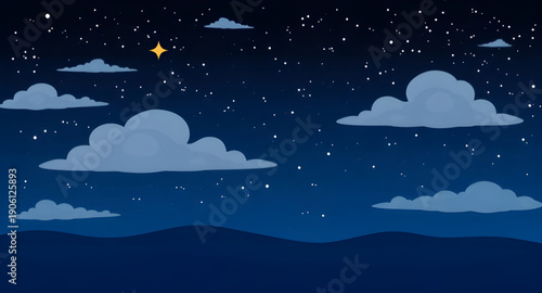 night, landscape, vector, illustration, scenery, nature, sky, dark, crescent, moon, stars, constellation, silhouette, mountains, hills, forest, trees, lake, reflection, horizon, clouds, calm, peaceful