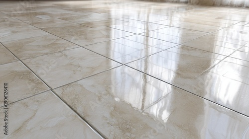 Close up of a tiled floor with reflections and bright lighting