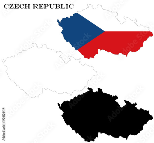 Czech Republic Country Maps Bundle with National Flag, Black Silhouette and Detailed Outline Contours