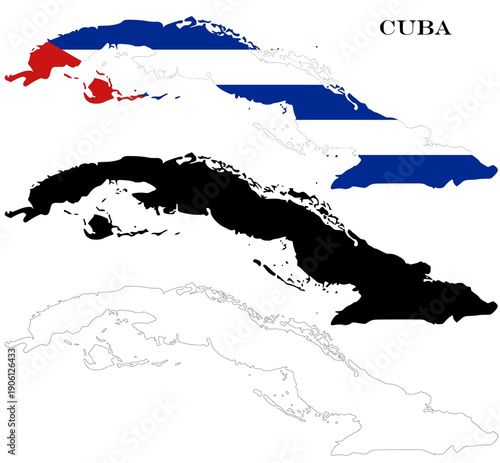 Cuba Country Maps Bundle with National Flag, Black Silhouette and Detailed Outline Contours