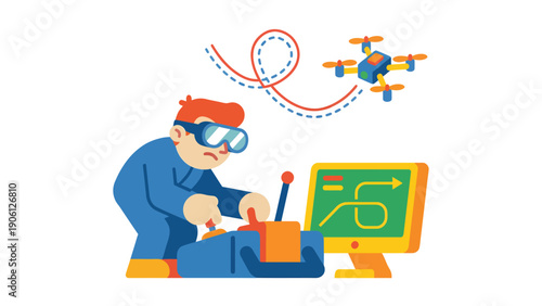 Drone pilot operating UAV with remote control and monitoring flight path on computer screen.
