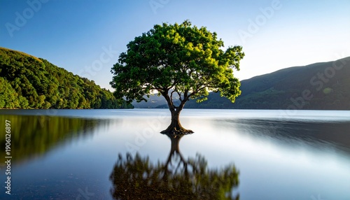 A solitary tree stands tall and proud, reflected in the serene lake waters, embraced by the surrounding natural beauty. The tree has lush green leaves.