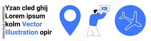 Man holding screen with media, large location pin, and airplane icon. Ideal for travel, exploration, navigation, itinerary planning, map-based services, tourism promotion simple landing page