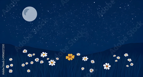 night, landscape, vector, illustration, scenery, nature, outdoor, sky, dark, moon, moonlight, stars, starlight, twilight, dusk, midnight, silhouette, mountains, hills, forest, trees, pine, horizon, cl