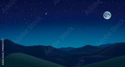 night, landscape, vector, illustration, scenery, nature, outdoor, sky, dark, moon, moonlight, stars, starlight, twilight, dusk, midnight, silhouette, mountains, hills, forest, trees, pine, horizon, cl