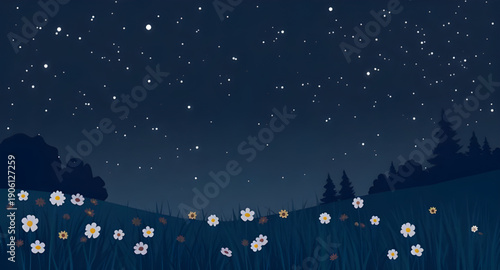 night, landscape, vector, illustration, scenery, nature, outdoor, sky, dark, moon, moonlight, stars, starlight, twilight, dusk, midnight, silhouette, mountains, hills, forest, trees, pine, horizon, cl