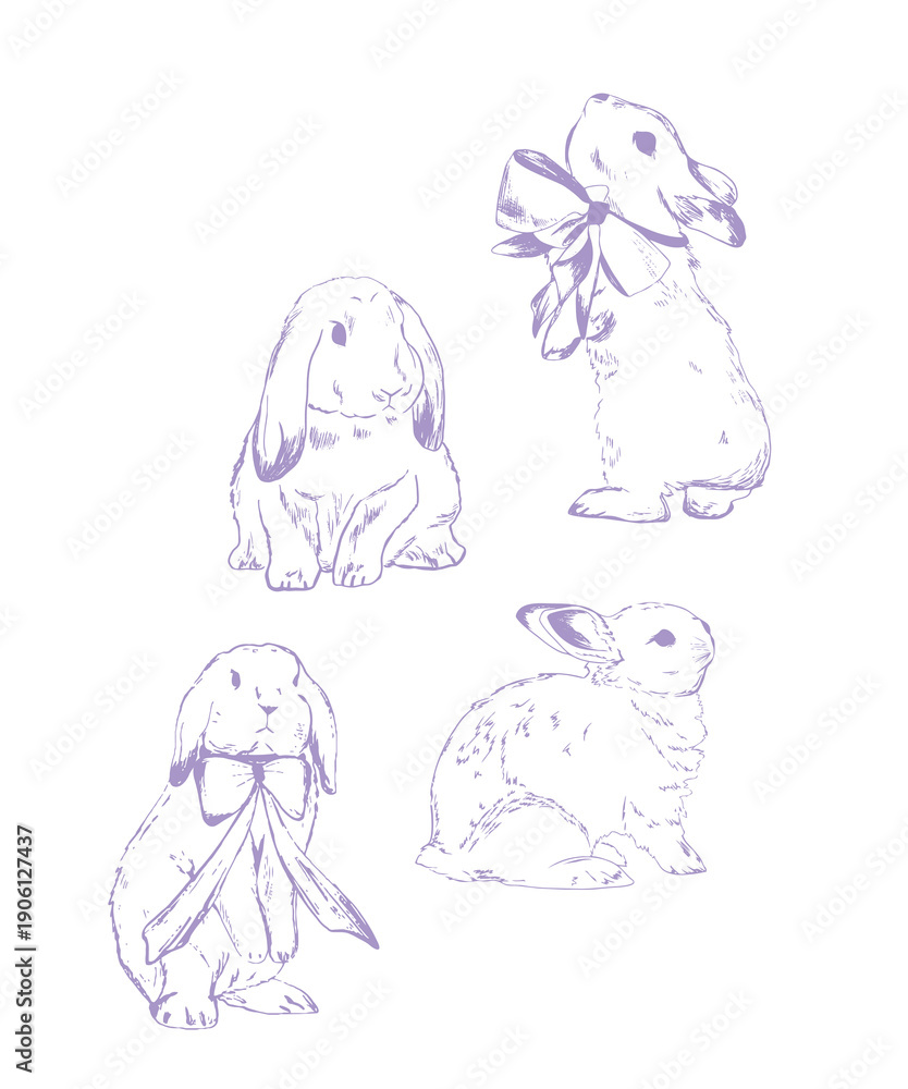 Obraz premium Bunny with ribbons. sketch set. Vintage style engraved pencil drawings of Easter rabbits or hare. Doodle illustration. Easter bunny with ribbons. Cute fluffy animals sitting and standing. Hand drawn