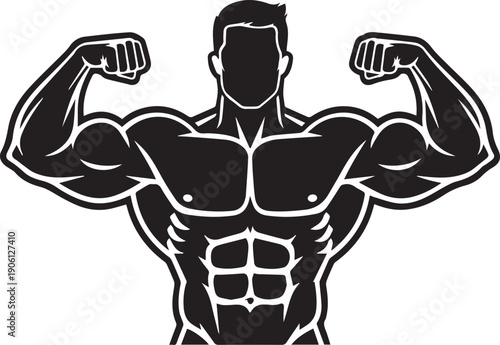 Faceless muscular bodybuilder torso, minimalist black and white vector illustration