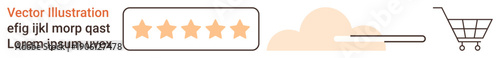 E-commerce, customer satisfaction, product reviews, online services, shopping experience, consumer trust. Five-star rating, shopping cart icon and abstract cloud shape. E-commerce and customer