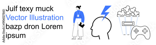 Entertainment, creativity, leisure, gaming, mental activity, multimedia. Minimal design with a figure, popcorn game controller and lightning bolt over a head. Entertainment and creativity concept