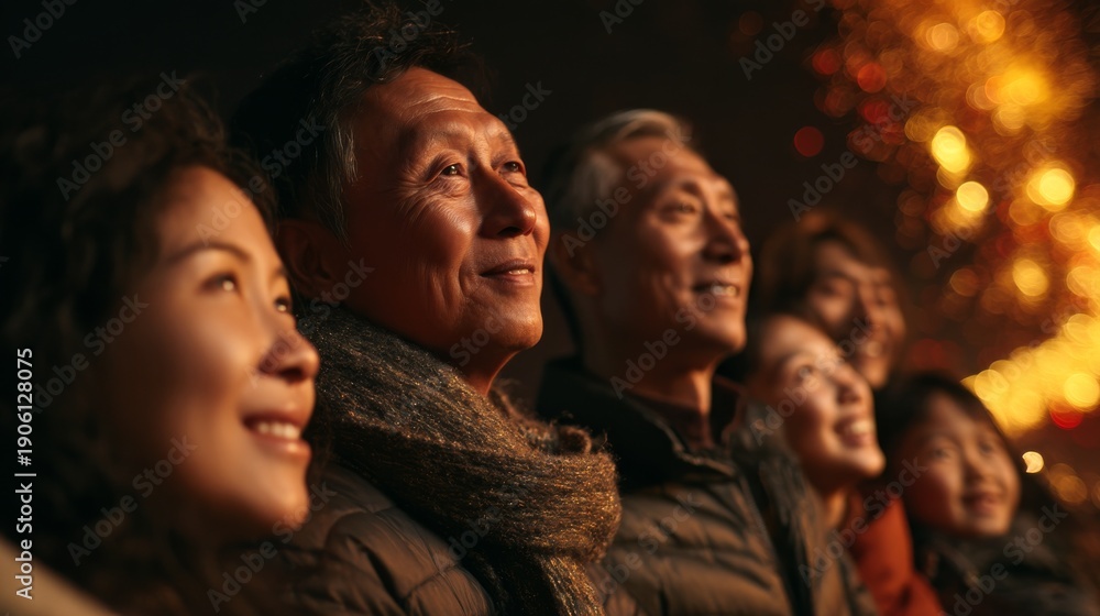 Fototapeta premium Chinese Family Watching Fireworks on Lunar New Year’s Eve, Warm Glow on Faces, Joyful and Hopeful Atmosphere, Festive Family Celebration