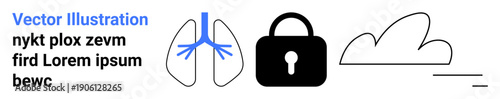 Healthcare, data security, cloud storage, digital protection, respiratory health, online privacy. Minimal graphics with lungs, locked padlock and cloud. Healthcare and data security
