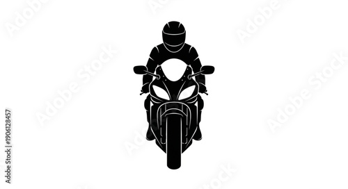 Front view of a motorcycle with a rider wearing a helmet, black and white illustration.