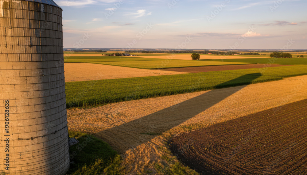 Fototapeta premium Farmland Silo Shadow Stretches Across Fields at Sunset