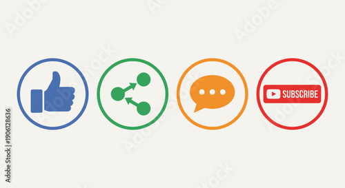Social media icons like, share, comment, and subscribe buttons for engagement and interaction online
