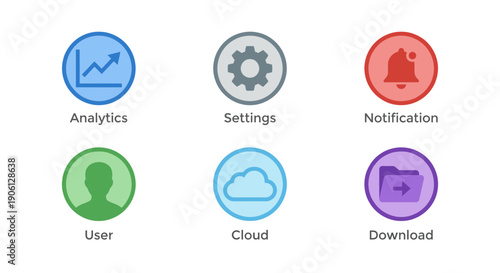 Modern digital user interface icons for applications, featuring analytics, settings, user profiles, cloud storage, and download functionalities