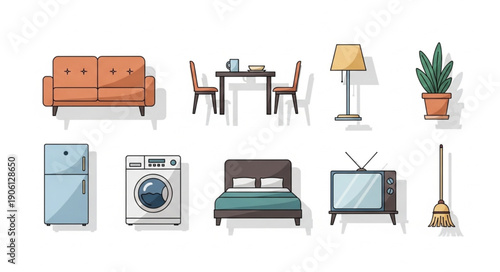 Collection of various household furniture and appliances for home interiors.