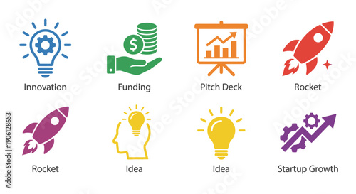 Collection of vibrant flat design icons representing crucial concepts for business innovation, startup ventures, funding, idea generation, and strategic growth