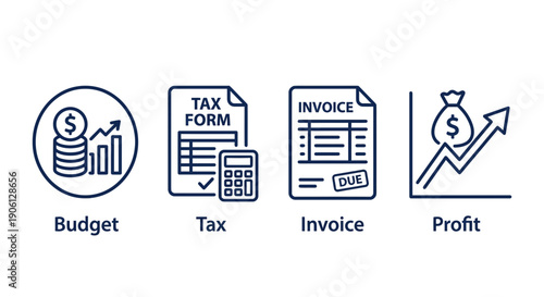 A comprehensive set of modern line art icons illustrating key financial management processes, including planning, fiscal compliance, transaction tracking, and economic growth strategies for businesses