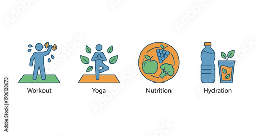 A vibrant collection of health and wellness icons depicting essential elements for a balanced lifestyle, including fitness workouts, serene yoga, nourishing nutrition, and vital hydration