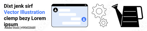 Communication tools, productivity, automation, gardening, design, development. Chat window with messages, gear symbols watering can. Communication and productivity concept