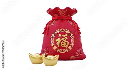 Red Chinese Lucky Bag with Gold Ingots