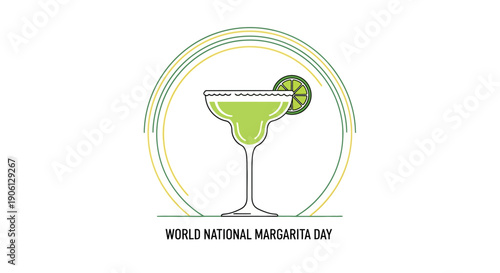 Vector illustration of a margarita cocktail with lime, salt rim, and sunshine celebrating National Margarita Day in America.