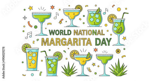 Colorful illustration celebrating National Margarita Day with various margarita cocktails and ingredients.