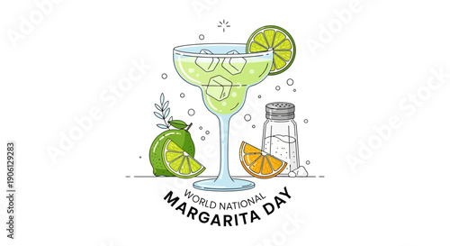 Illustration celebrating National Margarita Day with a margarita glass, lime, salt rim, and tequila ingredients.