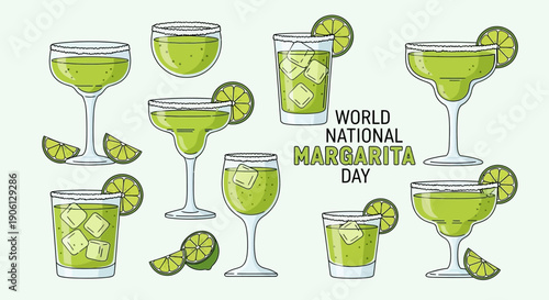 Vector illustrations of margarita drinks with lime juice, tequila, and salt rim on glasses to celebrate National Margarita Day.