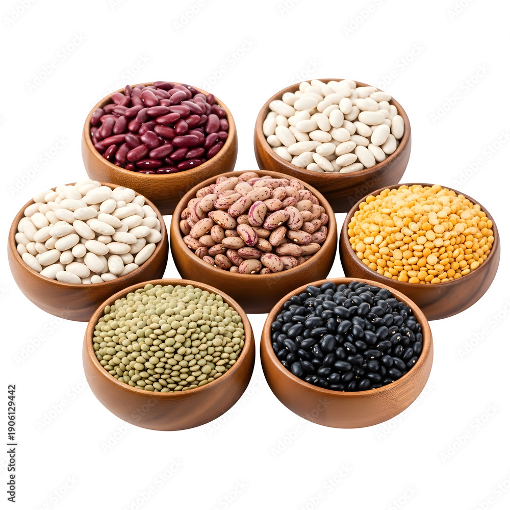 Fototapeta premium Six wooden bowls of various beans and legumes, isolated on white or transparent background, PNG Format