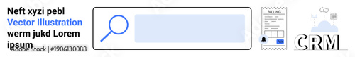 Data management, business tools, analytics, organization, CRM, digital tools. A search bar with a magnifying glass, document icons and the text CRM. Data management and business tools concept