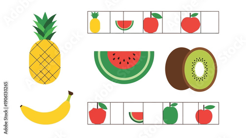 Assorted fruits including pineapple, banana, and various segmented fruits displayed in a grid pattern