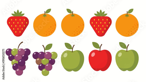 Assorted fruits including strawberries, oranges, grapes, and apples arranged in two rows on a plain surface from a direct overhead viewpoint