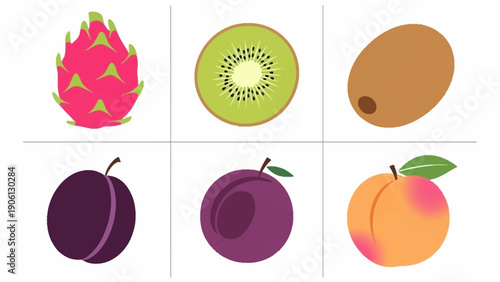 An assortment of six colorful fruits displayed on a grid, including dragon fruit, kiwi, mango, plum, prune, and peach