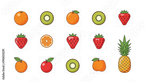 Assorted tropical fruits arranged in a grid pattern on a clean white background from a direct overhead viewpoint