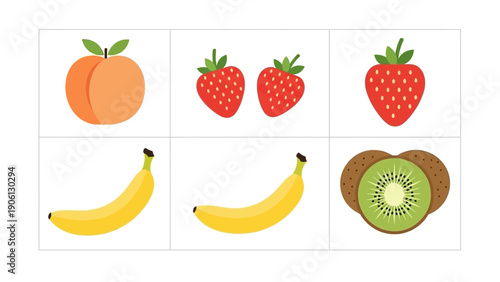 Assorted fruits arranged in a grid pattern, showcasing peach, strawberries, bananas, and kiwi
