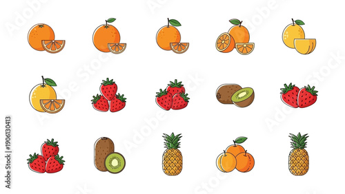Assorted fruit icons arranged in a grid pattern on a clean background, showcasing various fruits from a direct viewpoint