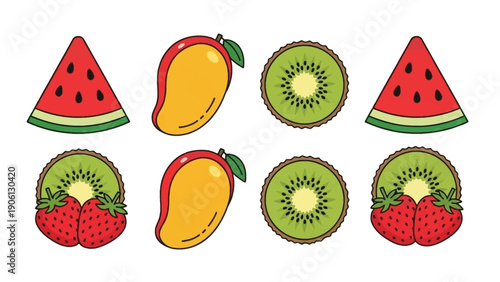 Assorted fruits including watermelon, mango, kiwi, and strawberries displayed together in a colorful illustration from a straightforward viewpoint