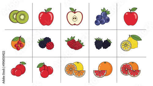 Fresh Fruit Collage Displayed on a Grid Layout Showcasing Variety of Fruits and Healthy Eating Options