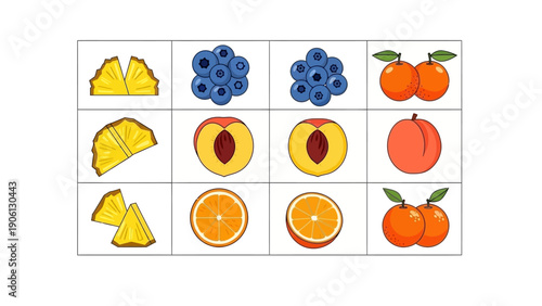 A grid of various fruits including oranges, peaches, and blueberries arranged in a 3x4 layout