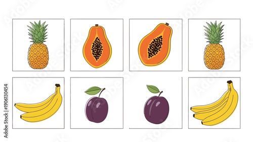 Assorted fruits including pineapples, papaya, bananas, and plums arranged in a grid pattern on a plain background from a direct viewpoint