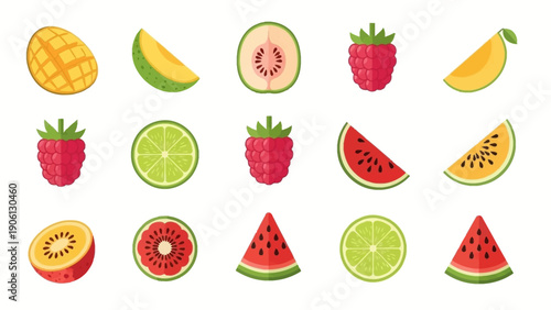 Vibrant fruit illustrations arranged in a grid pattern showcasing various tropical fruits from a direct viewpoint