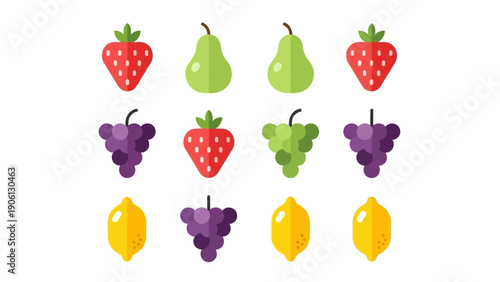 Assorted fruits arranged neatly in three rows on a plain surface viewed directly from above