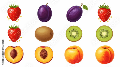 Assorted fruits including strawberries, plums, kiwis, and peaches arranged in a grid pattern on a clean background from a direct viewpoint