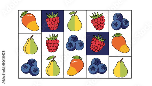 A colorful grid of various fruits arranged in a 4x4 pattern with different fruit images