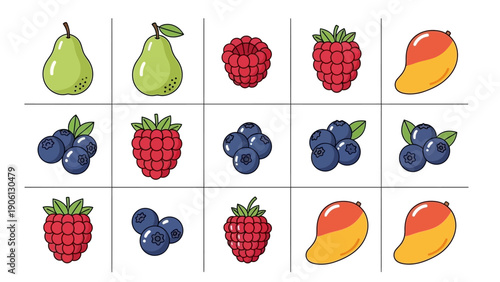 Assorted fruits including pears, raspberries, blueberries, and mangoes arranged in a grid pattern on a clean background from a direct viewpoint