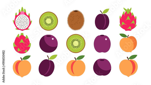 Assorted fruits arranged in a grid pattern on a plain surface from a top-down viewpoint showcasing various fruit types
